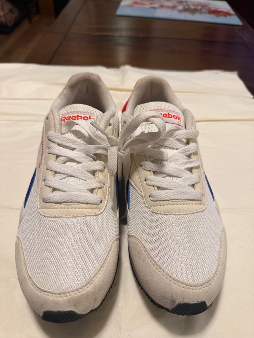 Reebok White Athletic Shoes with Blue Stripes and Red Accents - Picture 4 of 5
